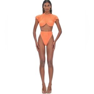 Andrea lyamah Gara Ruffle Pleated Bikini Bottom In Peach Orange NWT Size XXL